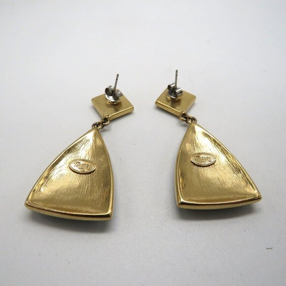 Vintage Trifari Earrings Gold Tone Green Marbled Enamel Triangle Dangle - Picture 7 of 10